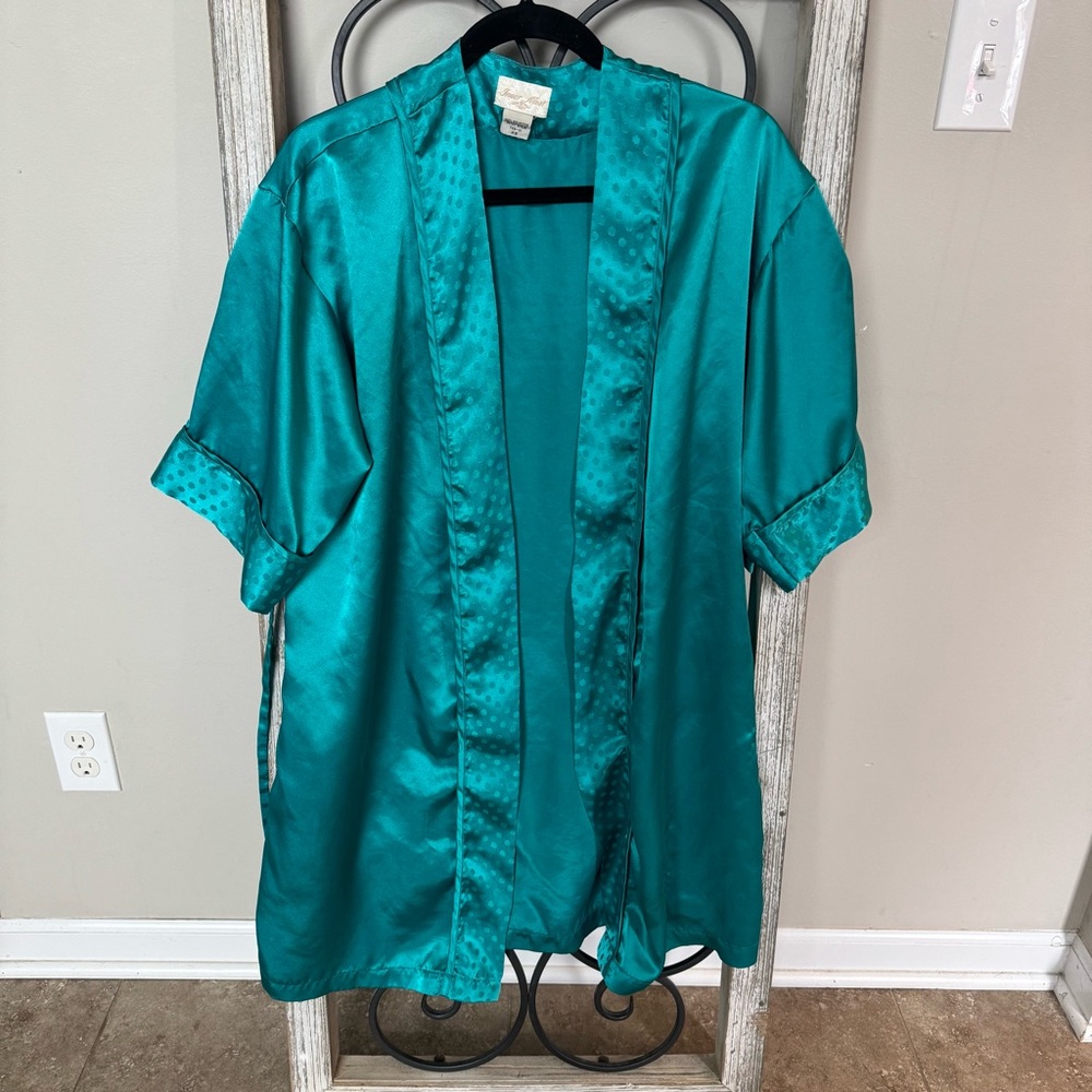 Inner Most Vintage Teal Satin Kimono Robe‎ Polka Dot Trim XS Korea